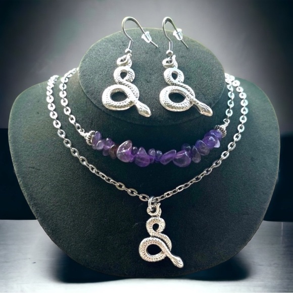 Set ! Amethyst double layer necklace snake + matching earrings boho goth celtic - Picture 8 of 11